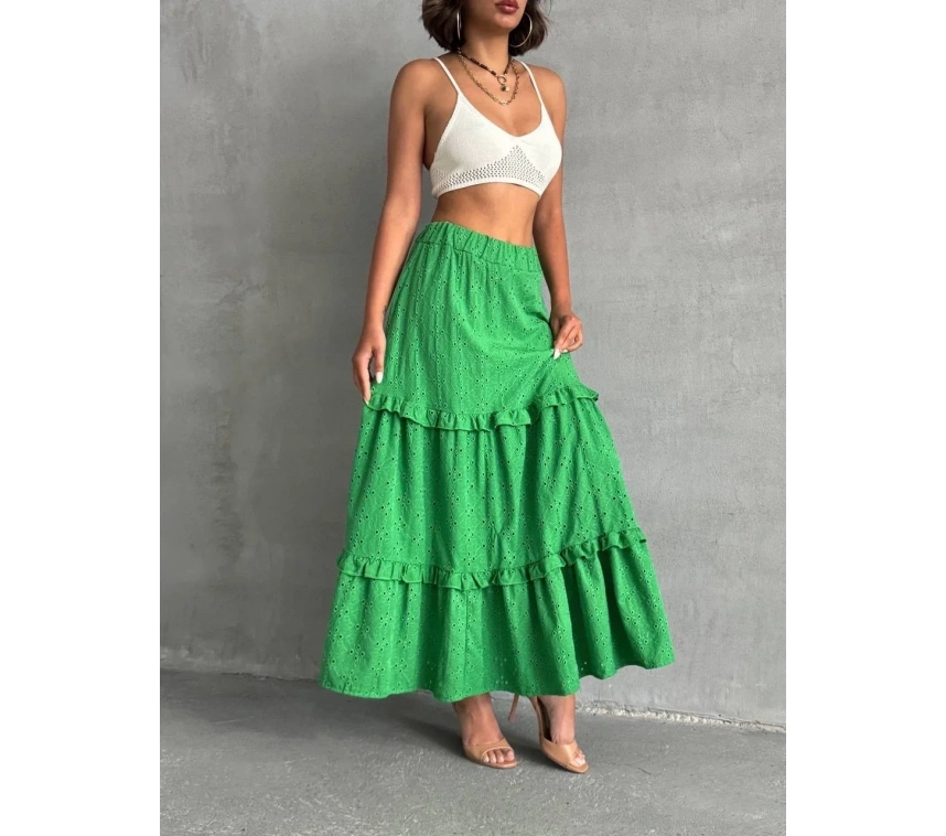 Fırfırlı brodeli astarlı uzun etek yeşil s255047