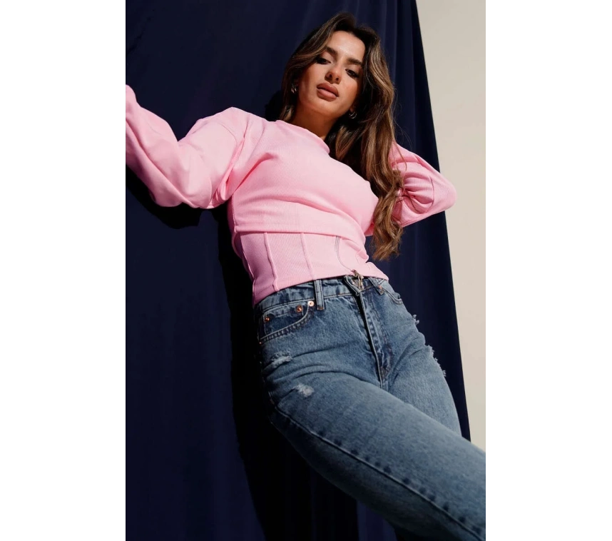 Fitilli Bisiklet Yaka İkili Bluz Pembe T4341