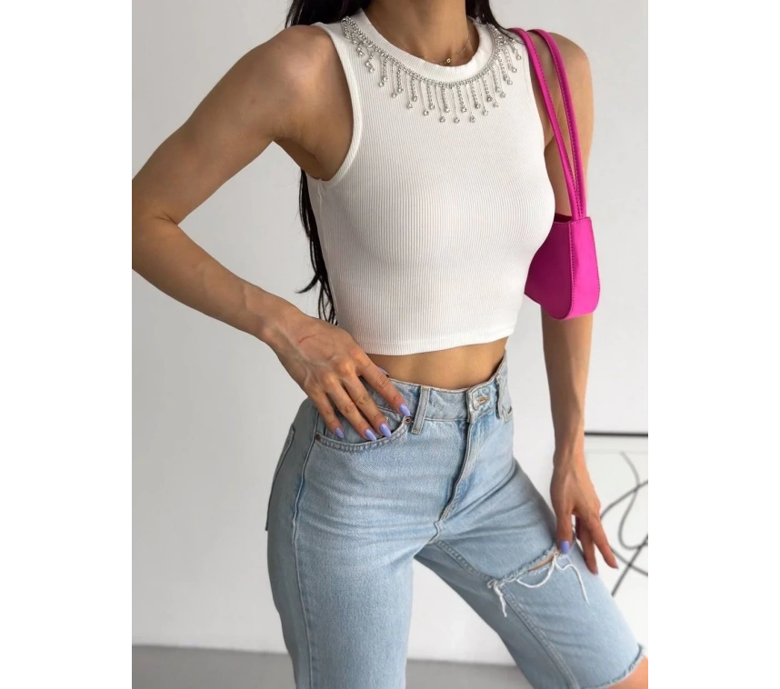 fitilli kaşkorse yakası zincirli atlet beyaz