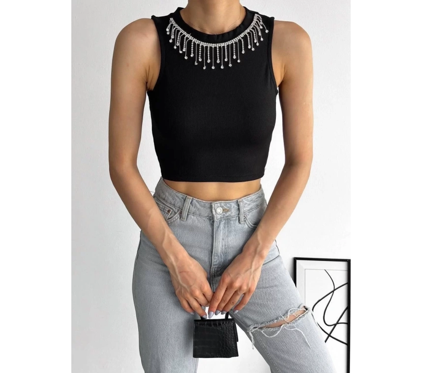 fitilli kaşkorse yakası zincirli atlet siyah