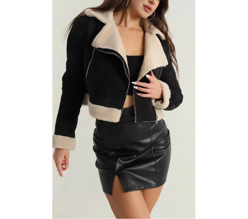 İçi kürklü dışı süet kısa kaban siyah t1186