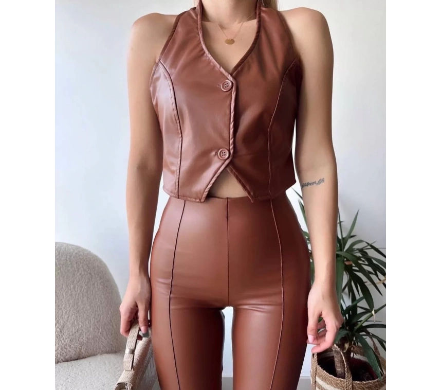 İki düğmeli deri yelek kahve s243001