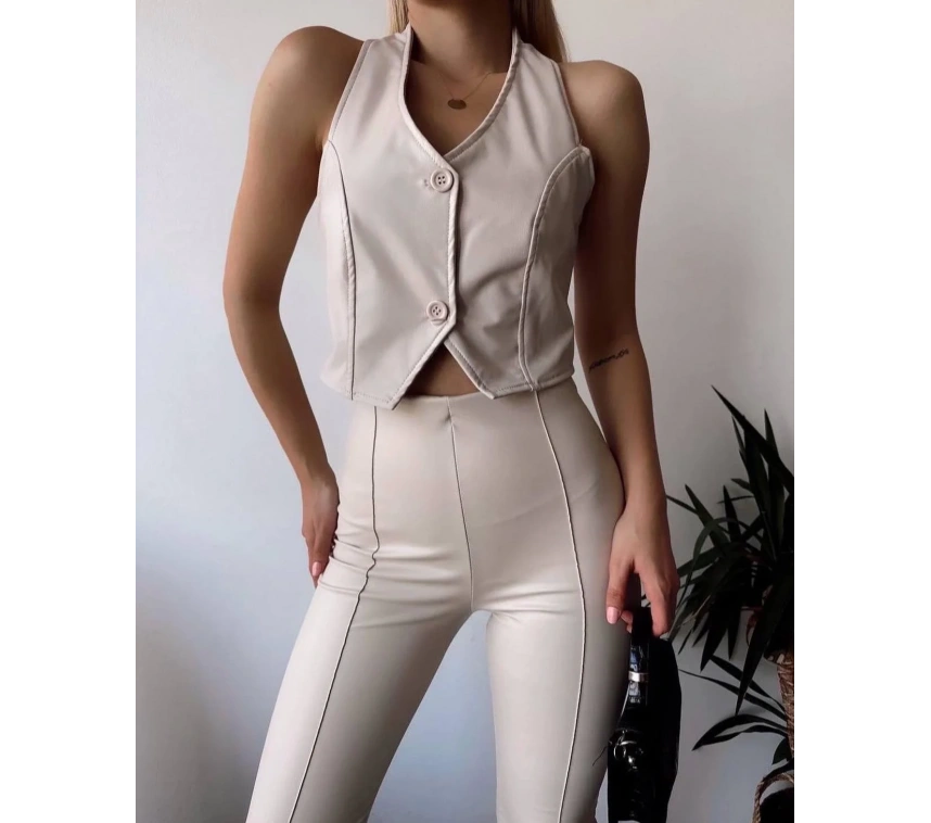 İki düğmeli deri yelek krem