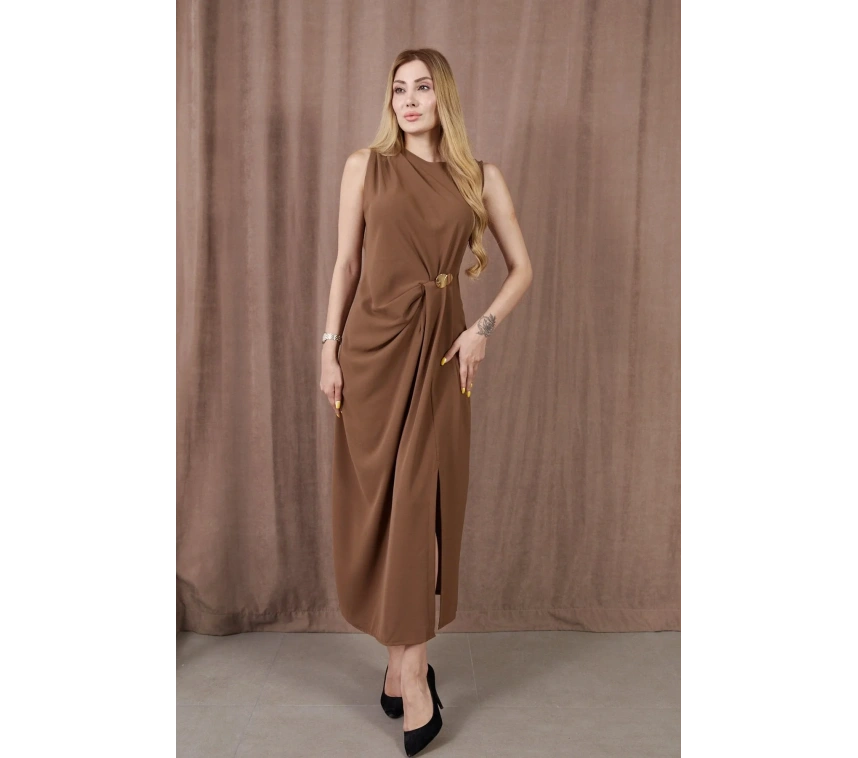 Kadın Kalın Askılı Yırtmaçlı Linda Kumaş Elbise Kahve