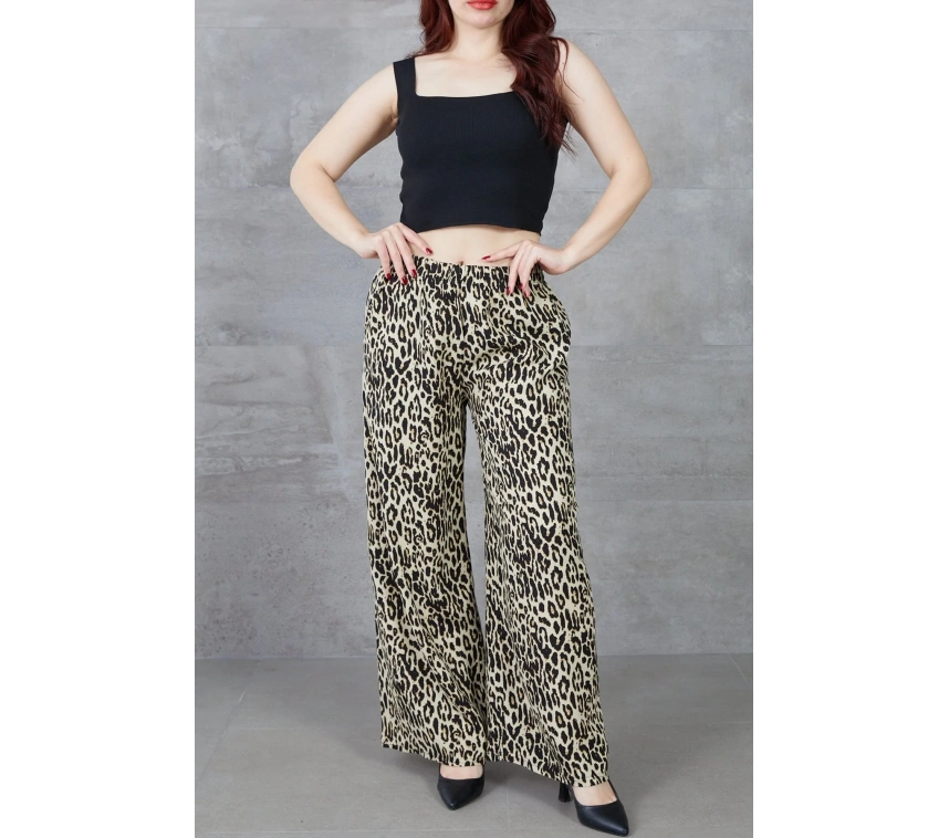 Kadın Leopar Desenli Rahat Kalıp Bol Paça Salaş Pantolon