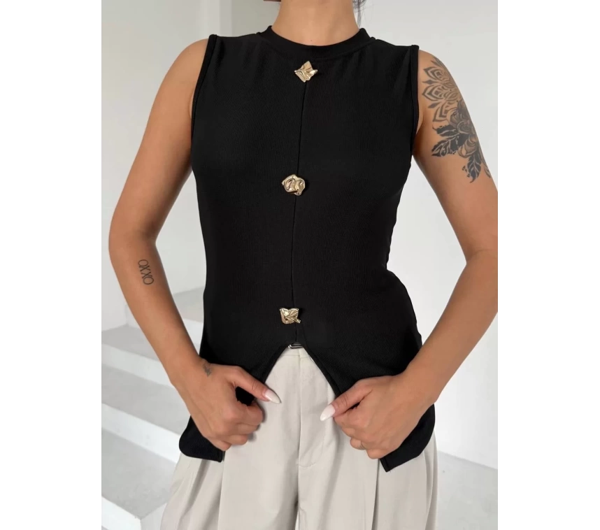 Kadın siyah bisiklet yaka gold düğmeli ottoman bluz s2310