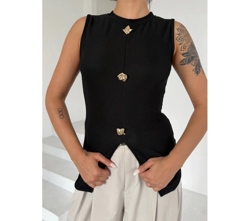 Kadın siyah bisiklet yaka gold düğmeli ottoman bluz s2310