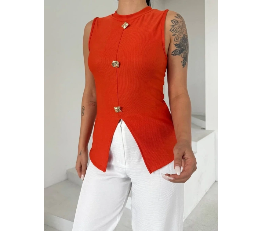 Kadın turuncu bisiklet yaka gold düğmeli ottoman bluz s2310