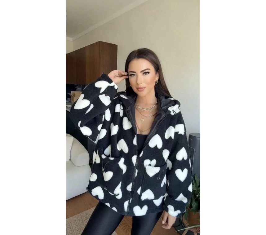 Kalpli peluş ceket içi astarlı siyahbeyaz