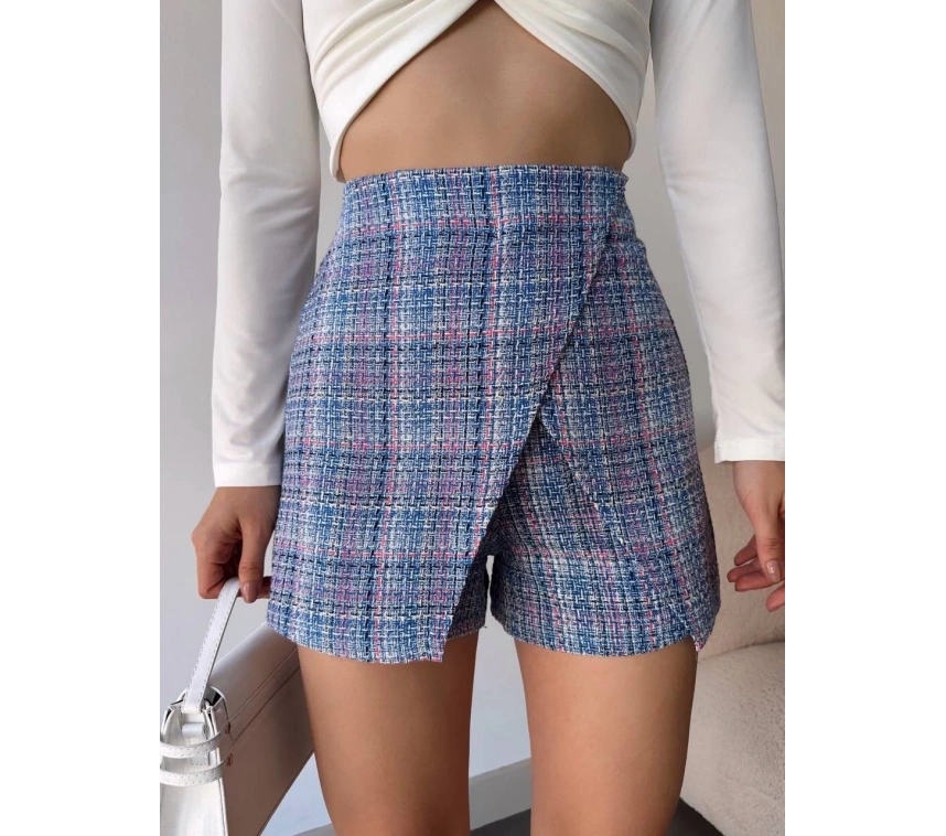 Kapaklı tüvit şort etek mavi
