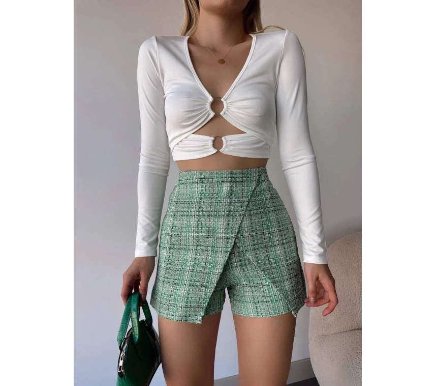 Kapaklı tüvit şort etek yeşil