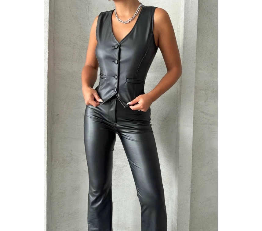 Kaplama düğmeli deri yelek siyah s24398