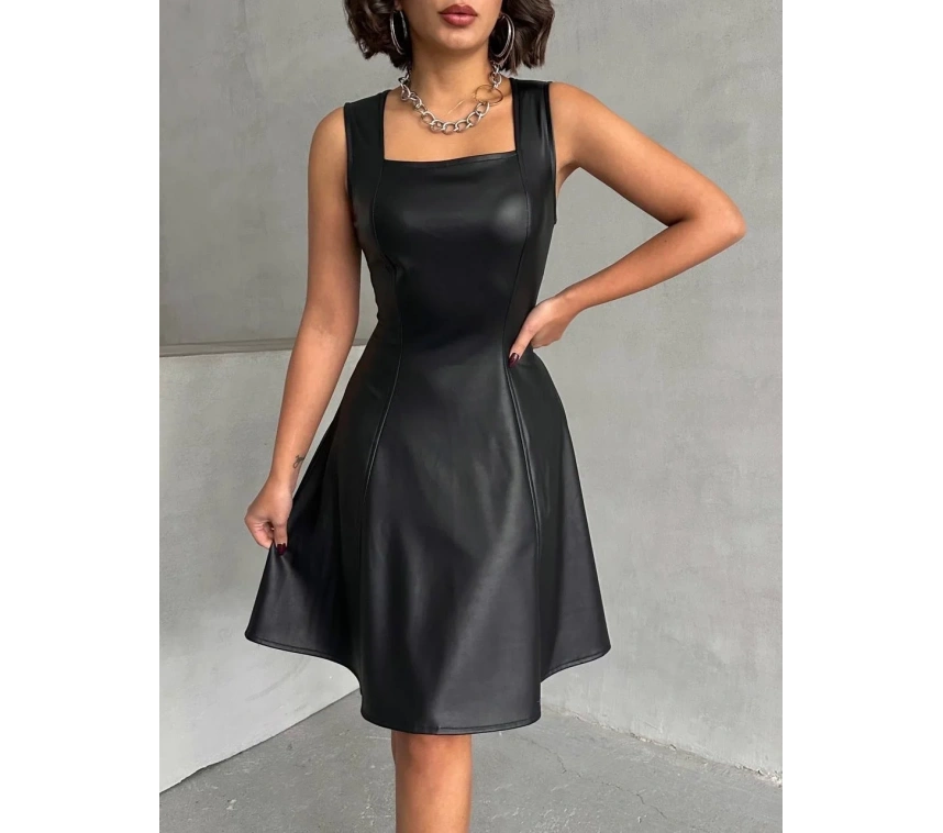 Kare yaka deri elbise siyah h24442