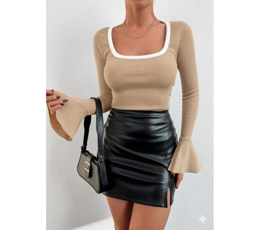 Kare yaka garni detay ispanyol kol bluz bej a3105