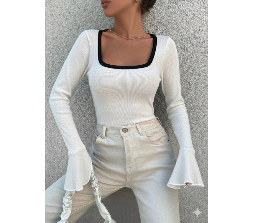 Kare yaka garni detay ispanyol kol bluz beyaz a3105