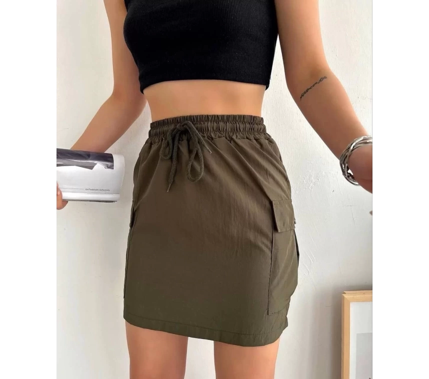 Kargo cep ince paraşüt etek haki s241019