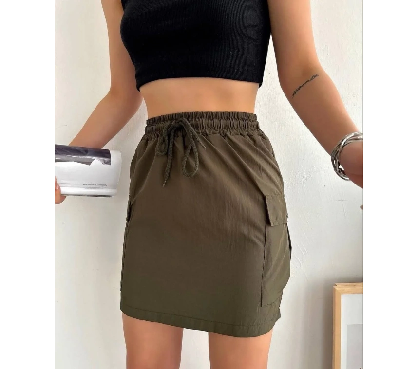 Kargo cep ince paraşüt etek haki s241019