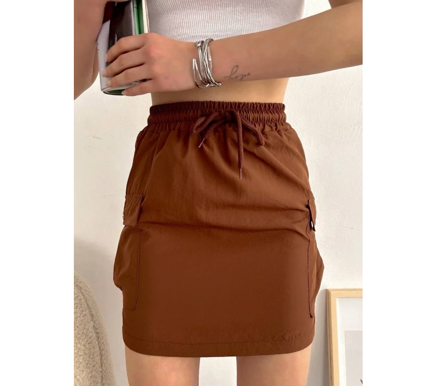 Kargo cep ince paraşüt etek kahve s241019