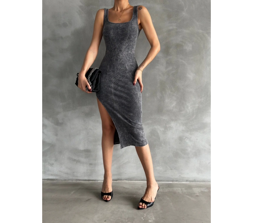 Kaşkorse aşit yıkamalı yırtmaçlı elbise