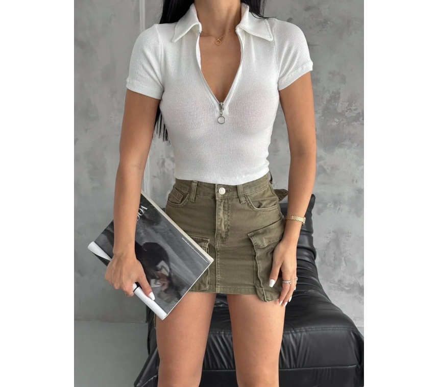 kaşkorse yaka fermuarlı bluz beyaz