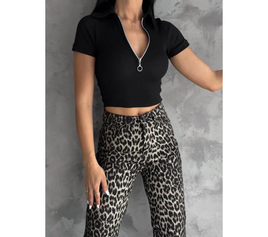 kaşkorse yaka fermuarlı bluz siyah