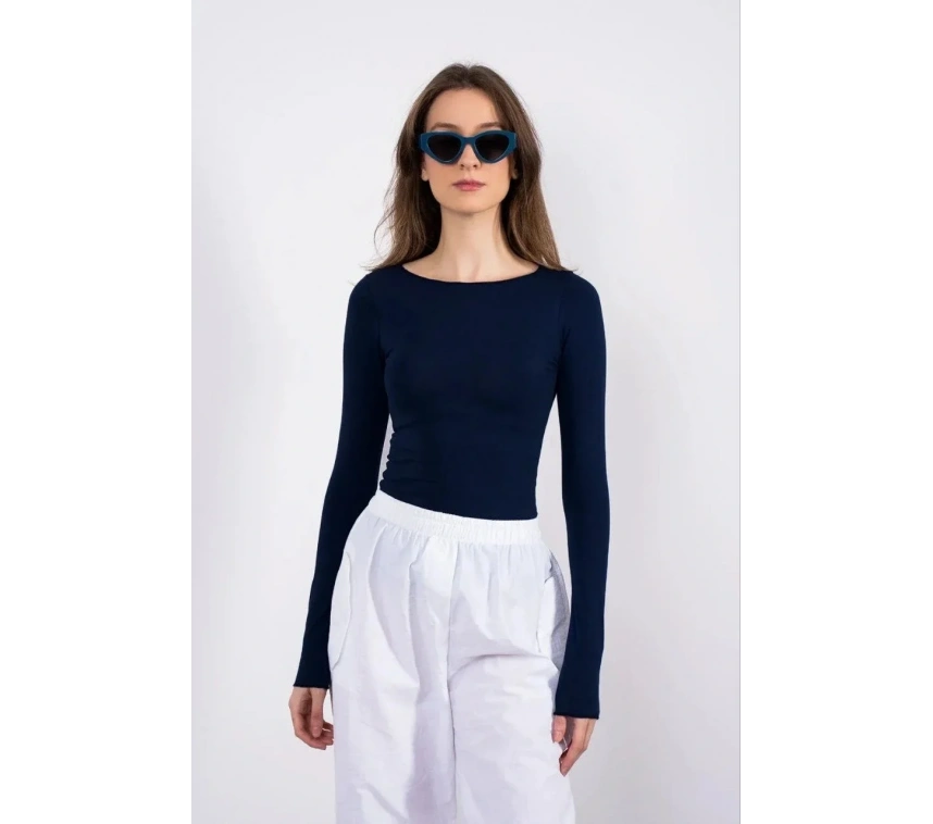 Kayık yaka uzun kollu bluz lacivert pt