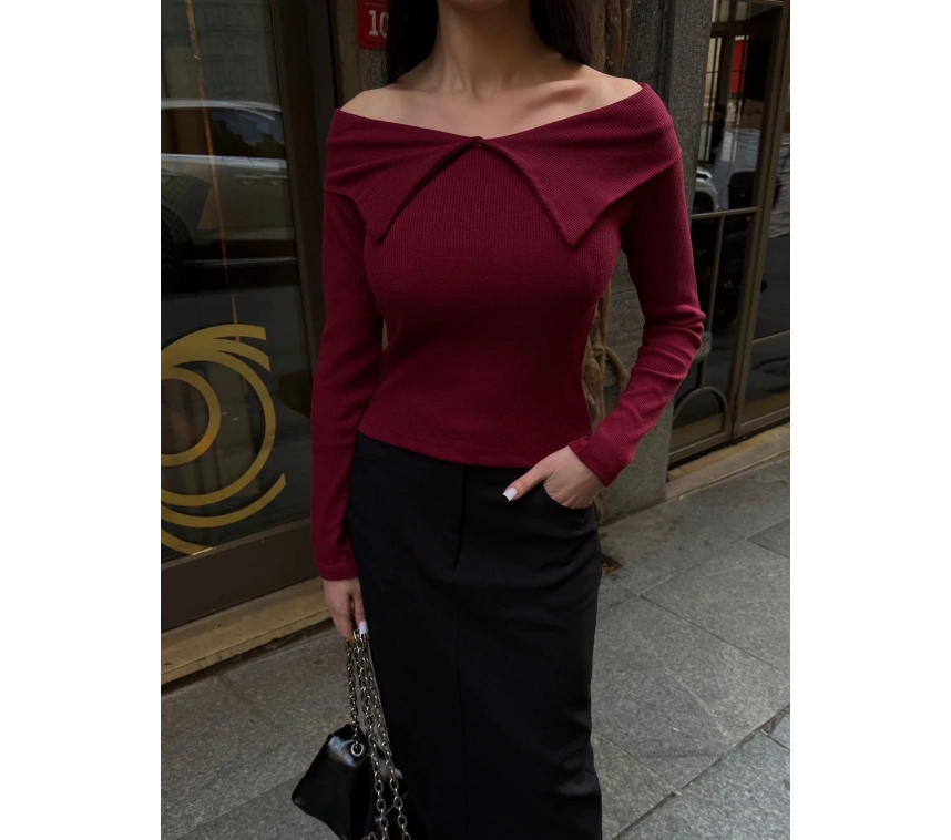 Kelebek yaka uzun kol bluz bordo