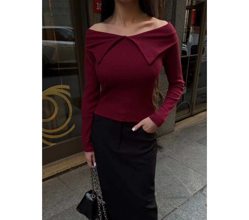 Kelebek yaka uzun kol bluz bordo