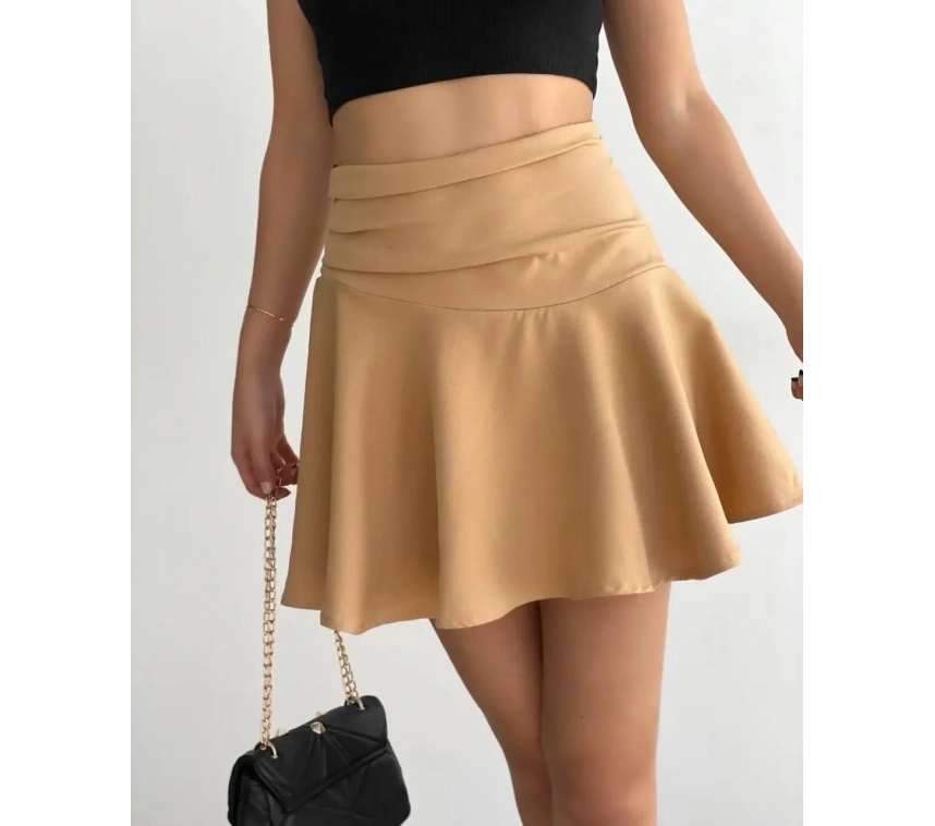 Kemerden büzgülü etek camel