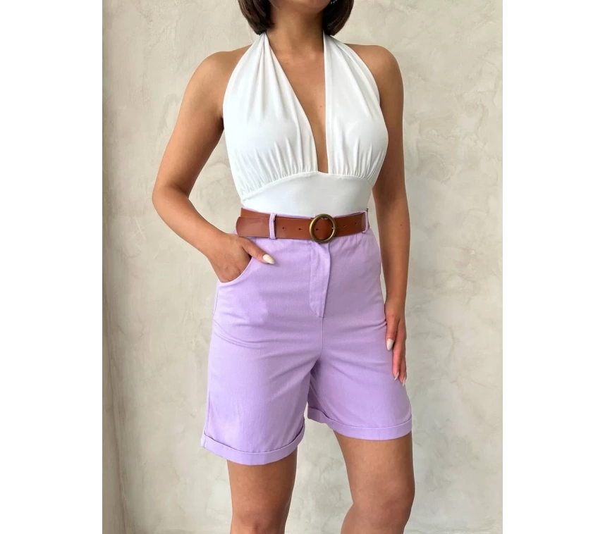 Kemerli gabardin şort lila s25735