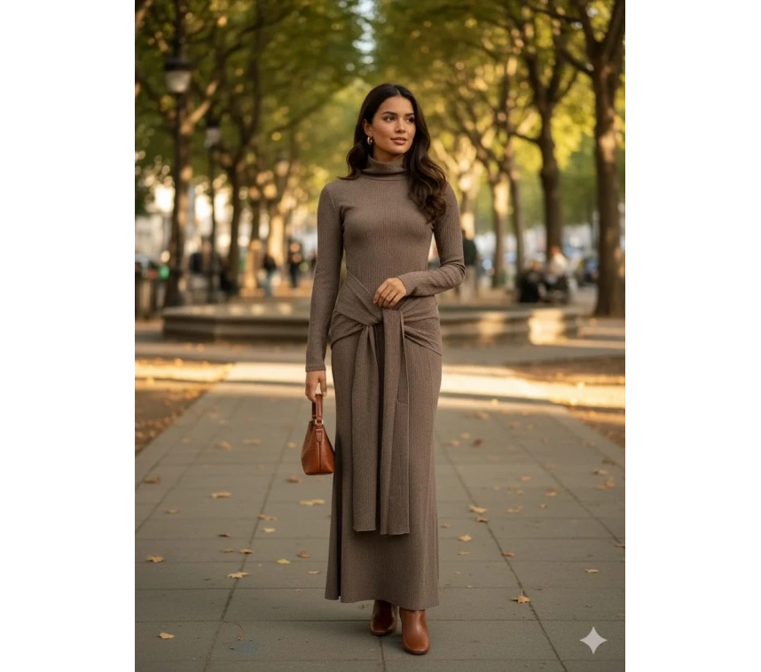 Kendinden kemerli uzun elbise vizon