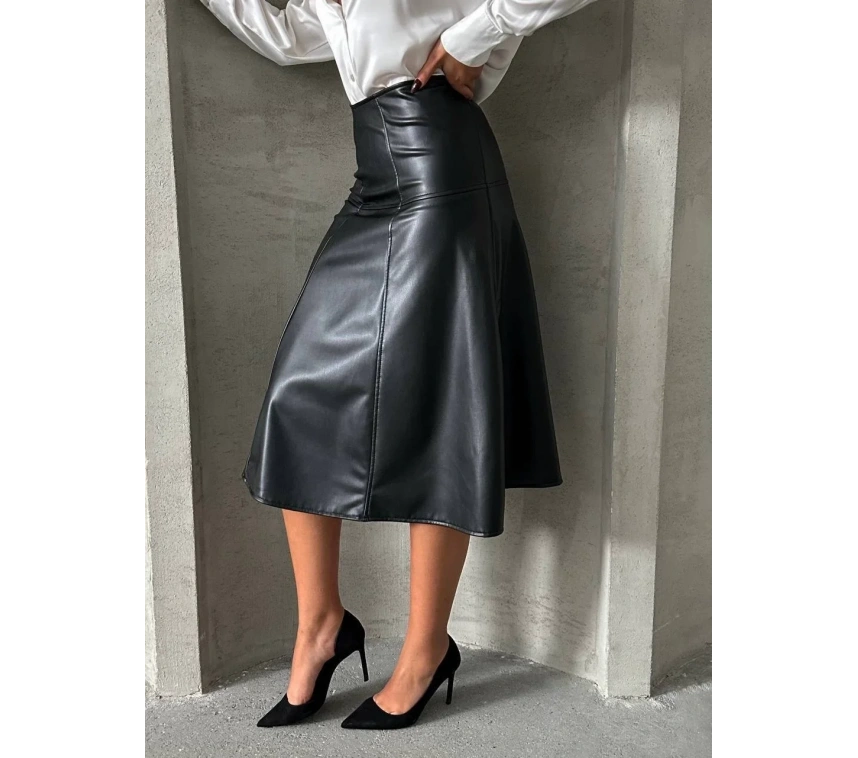 Komple parçalı deri etek siyah h26441