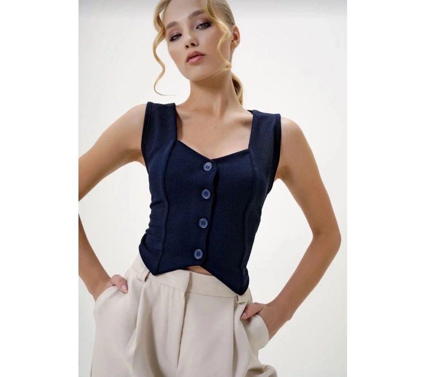 Krep kumaş düğmeli yelek lacivert s3395