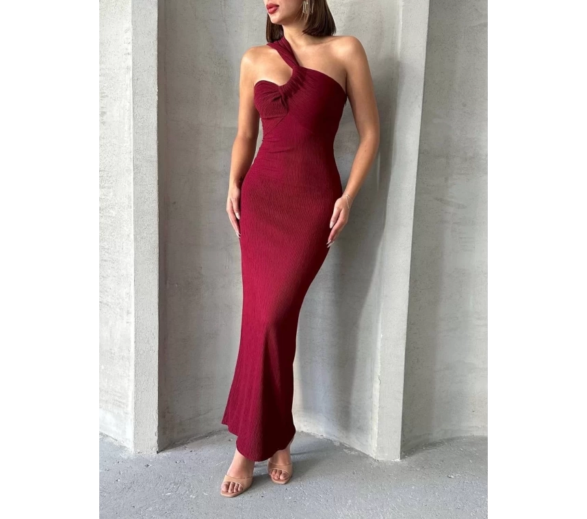 Krinkıl tek omuz uzun elbise bordo s25455