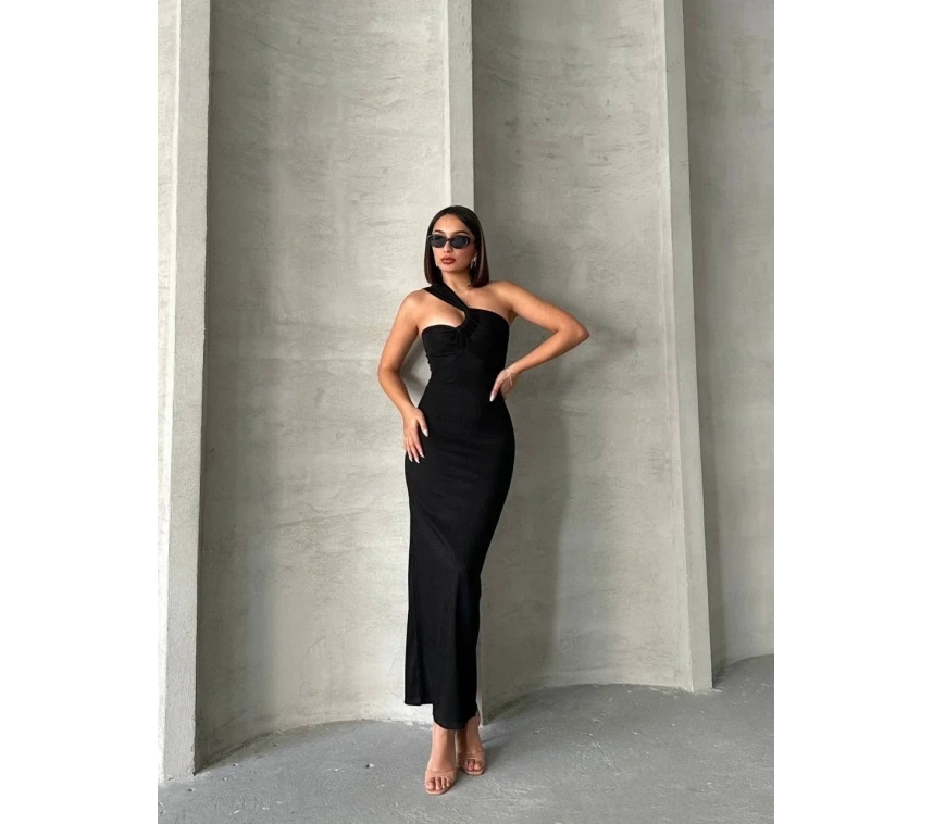 Krinkıl tek omuz uzun elbise siyah s25455