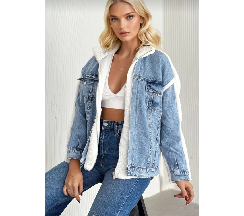 Kürklü kot ceket mavi