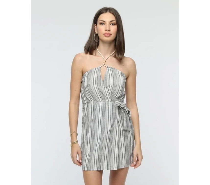 Kuşaklı çizgili mini keten elbise