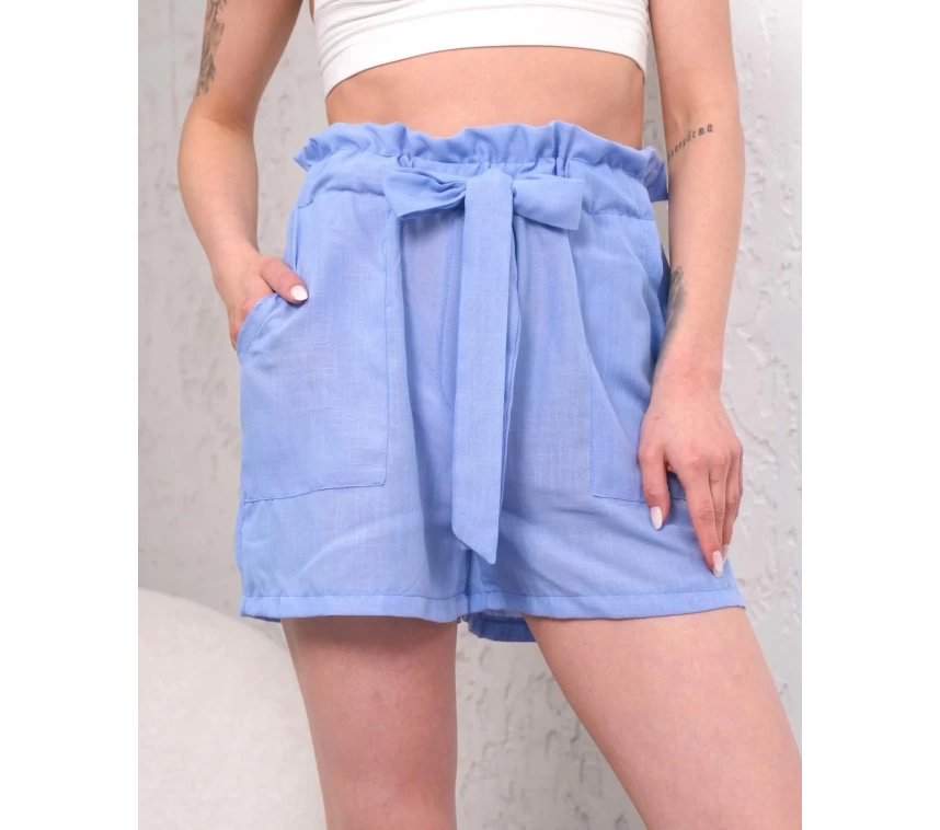 Kuşaklı keten şort mavi s255265