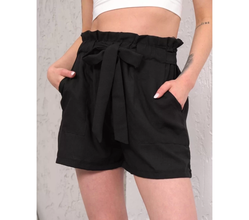 Kuşaklı keten şort siyah s255265