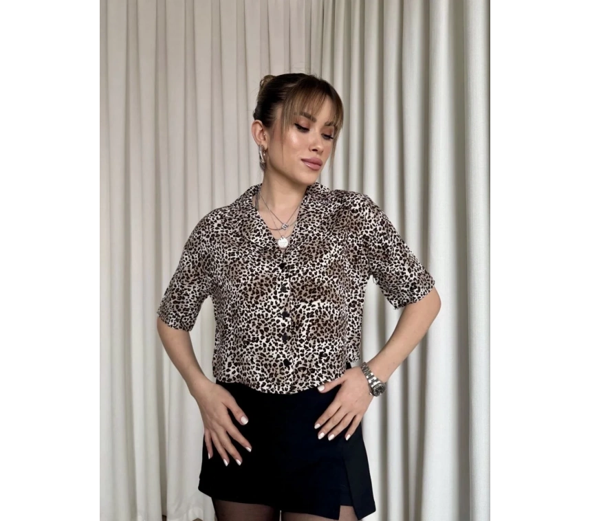 Leopar desenli crop gömlek