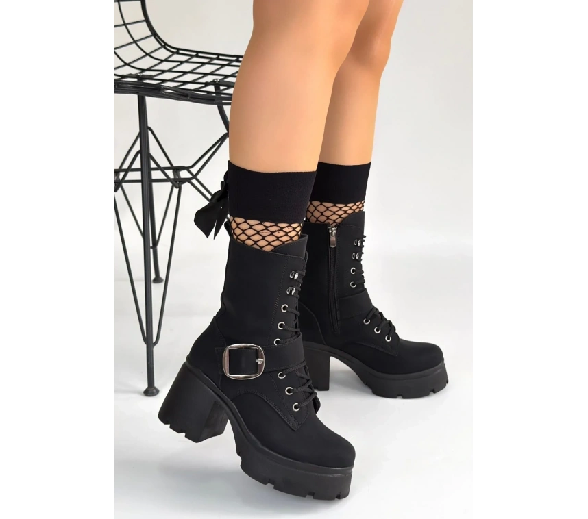 Linma Siyah Nubuk Bağcıklı Topuklu Bot