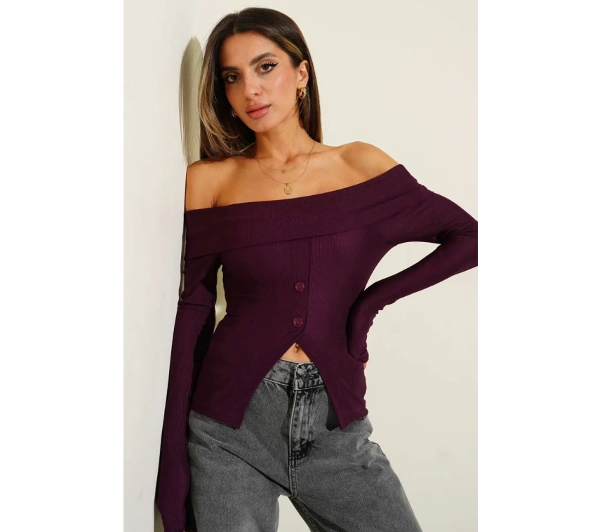 Madonna Yaka Düğmeli Bluz Mürdüm