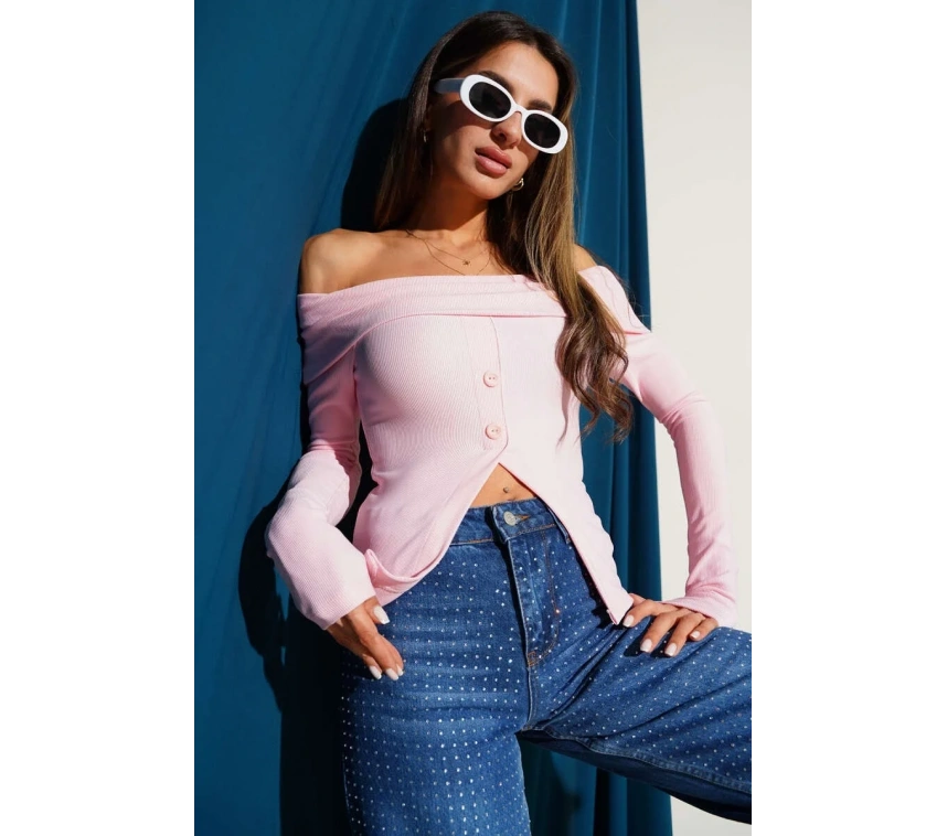 Madonna Yaka Düğmeli Bluz pembe