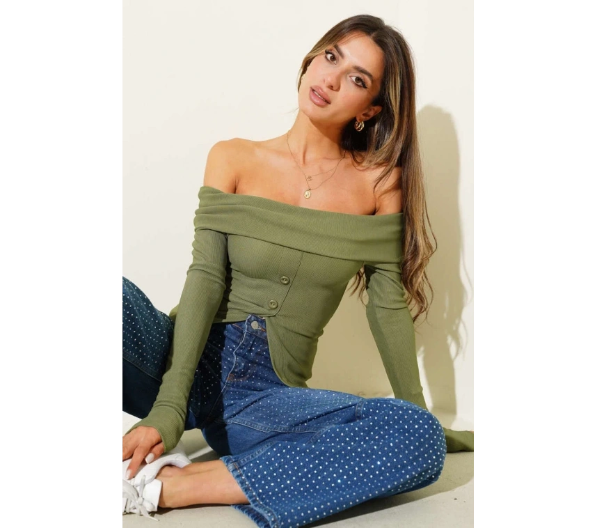 Madonna Yaka Düğmeli Bluz yeşil t4329