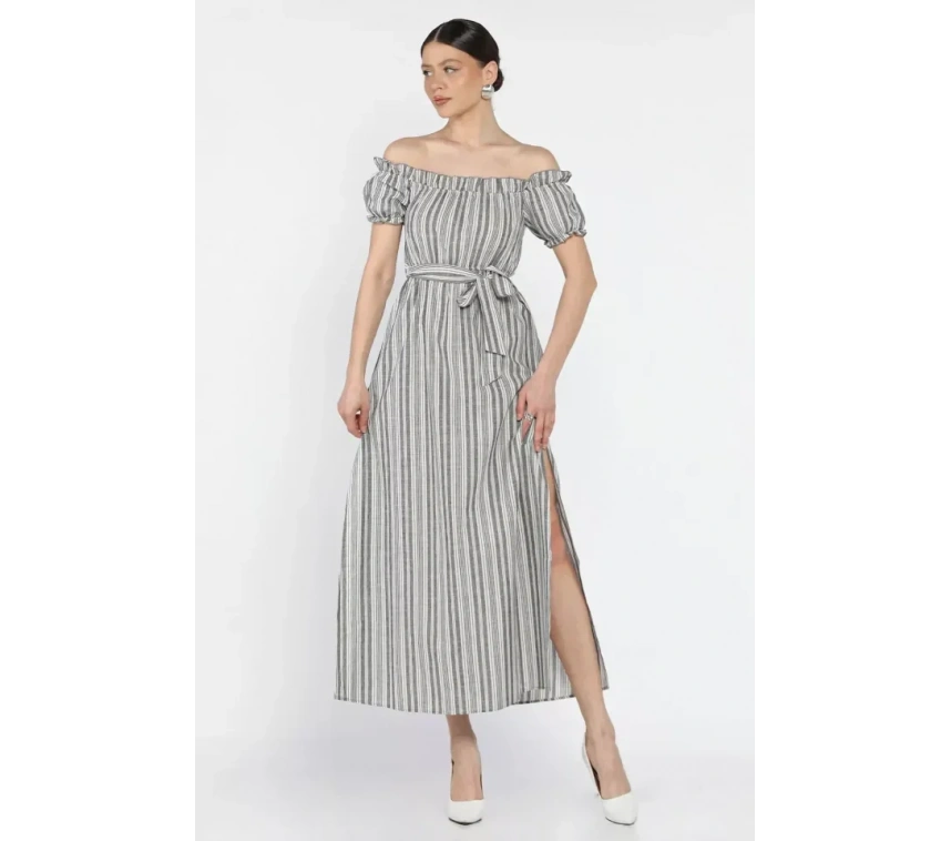 Madonna yaka midi yırtmaçlı kuşaklı keten elbise