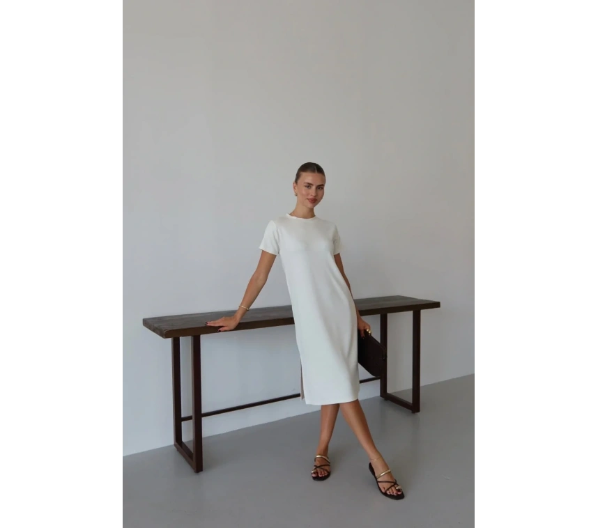 Modal yırtmaçlı elbise beyaz pt