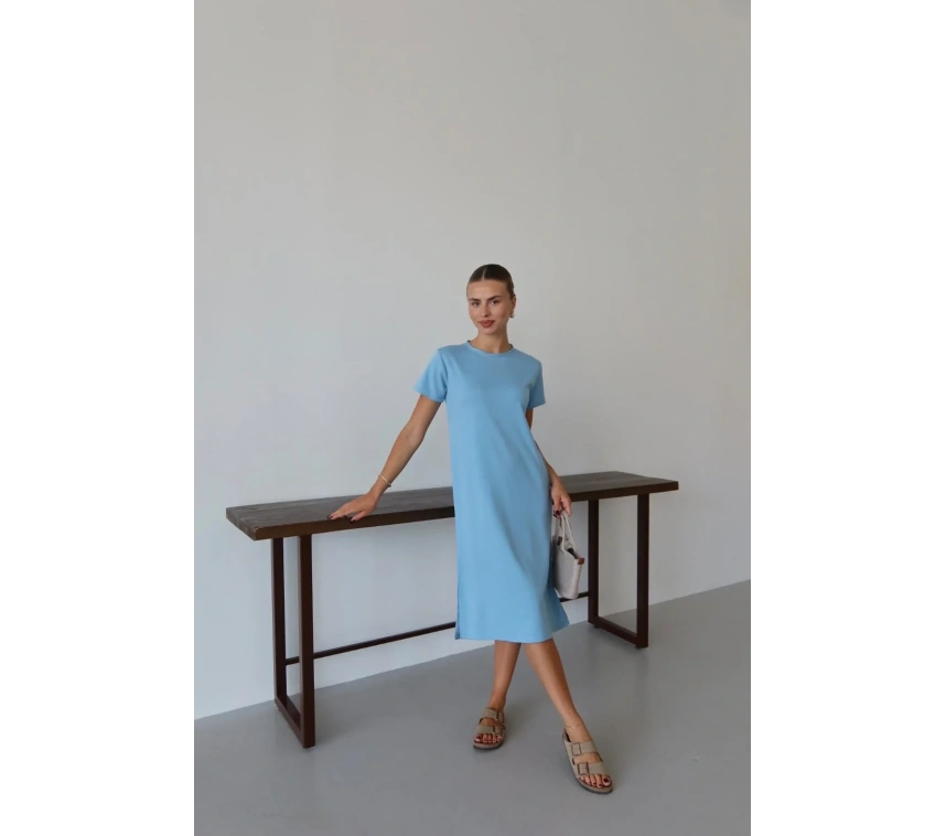 Modal yırtmaçlı elbise mavi pt