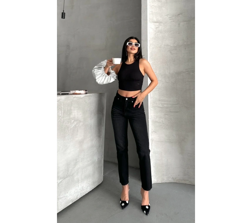 Mom fit enzim bıyıklı taş yıkama jeans pantolon siyah d2006