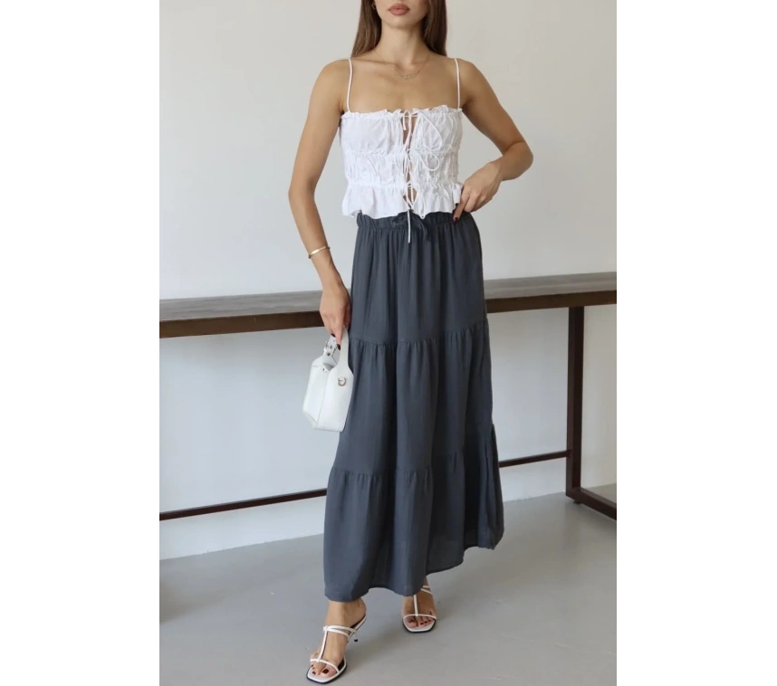 Müslin kumaş keten uzun etek antrasit pt