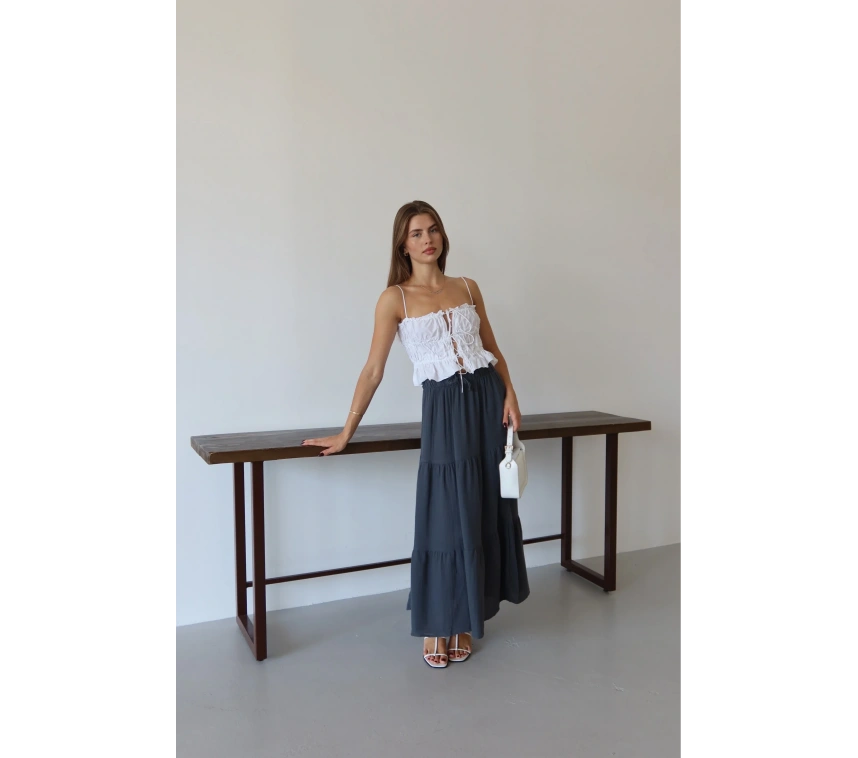 Müslin kumaş keten uzun etek antrasit pt